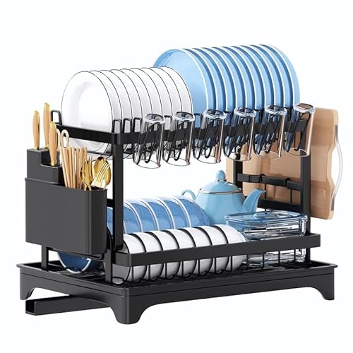 Teklemon Geschirrabtropfgestell, 2-Stufiger Edelstahl Abtropfgestell mit Tropfschale, Abnehmbarem Geschirrkorb Abtropfbrett mit Utensilienhalter & Tassenhalter Abtropfgestell für Küchentheke (05) von Teklemon