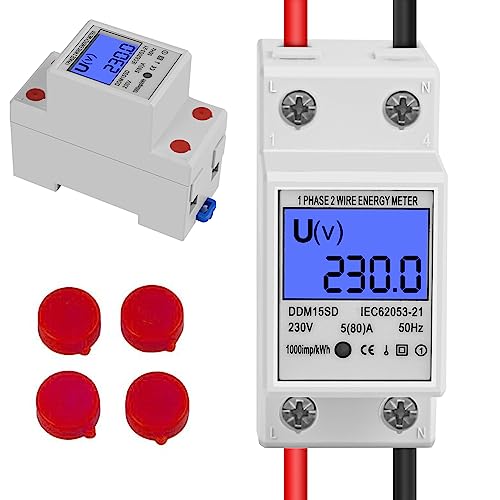 Teklemon Stromzähler Hutschiene, Digitale Stromzähler Wechselstromzähler Hutschiene mit LCD Bildschirm, KWh Zähler 5(80) A 1 phasiger 2 Poliger 2P DIN Schienen Stromzähler von Teklemon