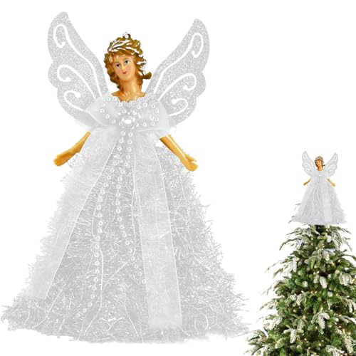 Teksome Engel Weihnachtsbaumspitze mit weißen Federflügeln | Weihnachtsbaumspitze Engel Figur Ornament | Weihnachtsbaumschmuck Baumspitze für Urlaub Ornament oder Heimdekoration von Teksome