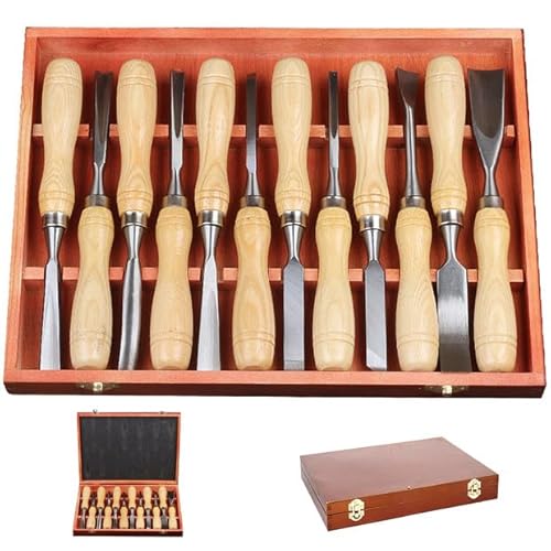 12-teiliges Holzschneidewerkzeug-Set aus 60Cr-V-Stahlklingen & hochwertiger Holz-Geschenkbox – Stecheisen-Set für Holzbearbeitung, geeignet für Anfänger und Profis von Tel Charme *