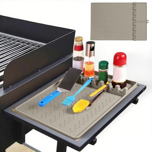 2 Pack Silikon Grillwerkzeuge Matte, 3-in-1 Hitzebeständige BBQ Caddy Matte mit Tropfpad & Spatel Halter, rutschfeste Seitenablage Matte für Outdoor-Grill, Lebensmittelqualität BBQ Utensilien von Tel Charme *