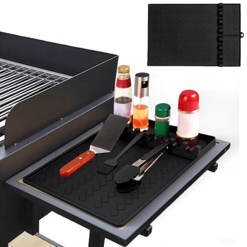 2 Pack Silikon Grillwerkzeuge Matte, 3-in-1 Hitzebeständige BBQ Caddy Matte mit Tropfpad & Spatel Halter, rutschfeste Seitenablage Matte für Outdoor-Grill, Lebensmittelqualität BBQ Utensilien von Tel Charme *