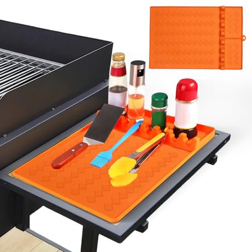 2er-Pack Silikon-Grillwerkzeug-Matte, 3-in-1 hitzebeständige BBQ Caddy Matte mit Tropfpad & Spatel-Halter, rutschfeste Seitenablagematte für Outdoor-Grill, Lebensmittelqualität BBQ Utensilien von Tel Charme *
