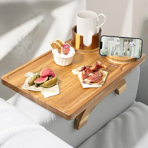 3-in-1 Holz Sofa-Armtablett – Großes Clip-On Couch-Tablett mit 360° drehbarem Handy- & Getränkehalter, faltbar & rutschfest für Snacks, Fernbedienung, Essen & Drinks von Tel Charme *