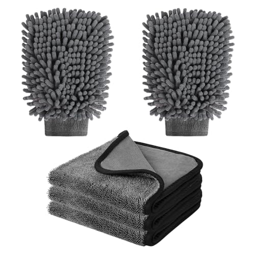5 Stück Autopflege Set, 2er-Pack Handschuhe und 3er-Handtuchsets, kratzfrei und fusselfrei, hochwertige Chenille-Mikrofaser Waschhandschuhe, Ideal zum Polieren, Trocknen & Waschen von Tel Charme *