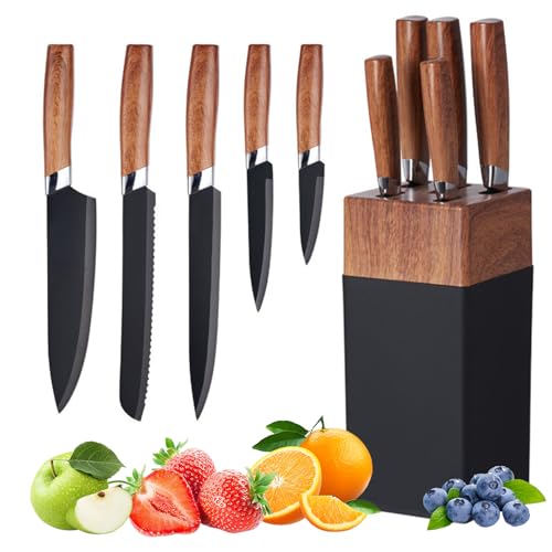 Messerblock mit Messer, 5 teiliges Küchenmesser Set mit messerblock, Messerset mit Block, Edelstahl Messer Set mit Kochmesser, Brotmesser, Schinkenmesser, Universalmesser, Schälmesser von Tel Charme *