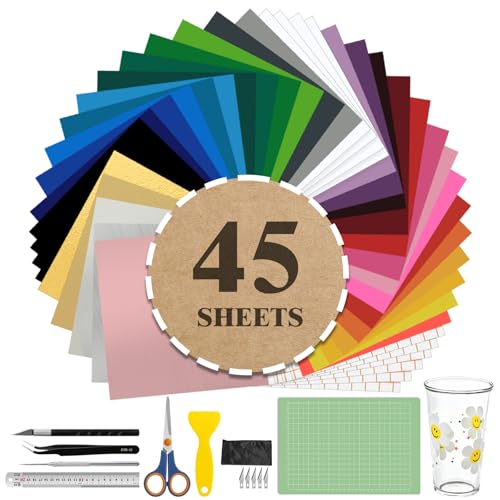 45 Stück Vinylfolie Plotter, 30.5x30.5cm Selbstklebend Plotterfolie Vinyl, 34 gemischte farbige Vinylfolien-Transferpapiere, geeignet für T-Shirts, Kleidung, Hüte, Wohnaccessoires von Tel Charme *