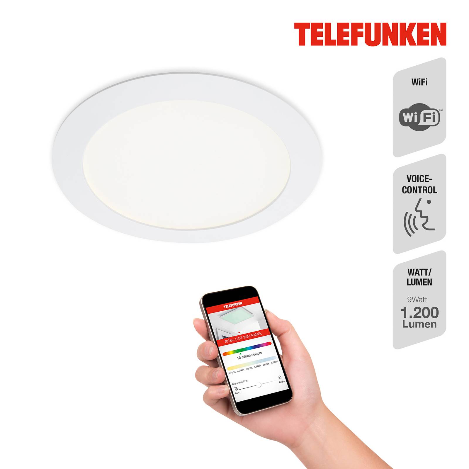 LED-Einbauleuchte Virgo, RGBW, weiß, Ø 17 cm von Telefunken