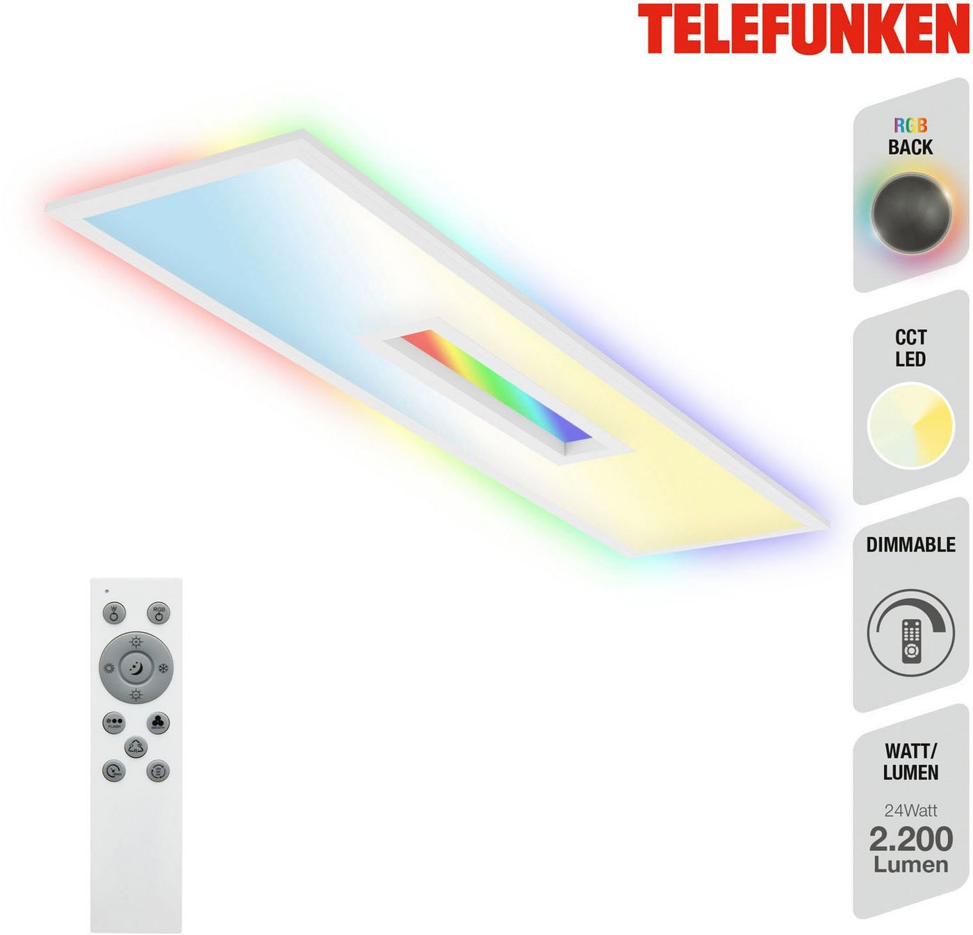 Telefunken Panel CCT LED Panel CENTERBACK, CCT - über Fernbedienung, Memoryfunktion, RGB, Timerfunktion, LED fest integriert, RGB, Backlight, CCT, inkl. Fernbedienung, dimmbar, 100x25x6,3 cm Telefunken Panel CCT LED Panel CENTERBACK, CCT - über Fernbedienung, Memoryfunktion, RGB, Timerfunktion, LED fest integriert, RGB, Backlight, CCT, inkl. Fernbedienung, dimmbar, 100x25x6,3 cm von Telefunken