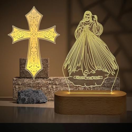 Teliles 2 Muster Jesus Kreuz 3D Holzlampe, Jesus Illusion Lampe mit warmem Weiß, Zimmer Home Decor, Weihnachten Geburtstag Ostern Geschenke von Teliles