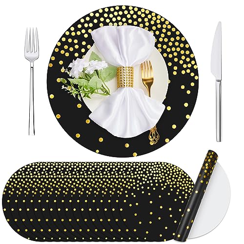 Teling 100 Stück Papier-Tischsets, Einweg-Papier, Goldfolie, Tischsets, Partydekoration, Papier für Hochzeit, Geburtstag, Esszimmer, Küche, Babyparty, Party-Dekoration (schwarz und gold, rund) von Teling