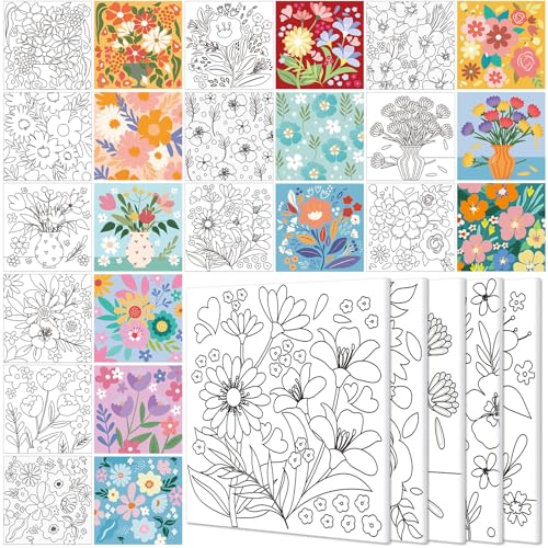 Teling 12-teiliges vorgezeichnetes, gespanntes Leinwand-Set für Erwachsene, vorgedruckte Leinwand, Umriss für DIY-Malerei, Partyzubehör, 15,2 x 15,2 x 1,5 cm (Blume) von Teling