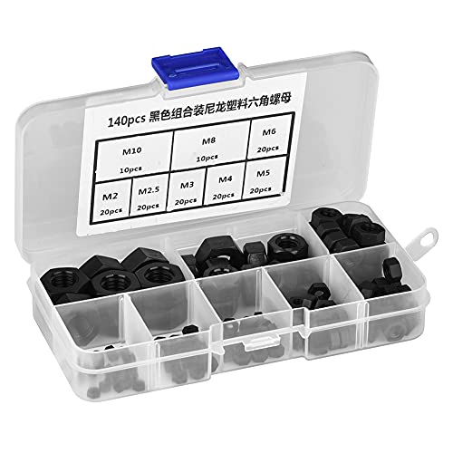 Telituny Nylon-Sechskantmuttern, PA66 Kunststoffbefestigungen M2 bis M10, Sortimentsset, umweltfreundliche industrielle Sechskantmuttern, schwarz/weiß, isolierende Hardware (140 Stück) (schwarz) von Telituny