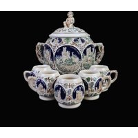 Vintage Simon Peter Gerz Punch Set German Ceramic Bowl With 5 Cups Handmade 5L Beverage Server Rustic Oktoberfest Beer Or Wine von TellerSammlung