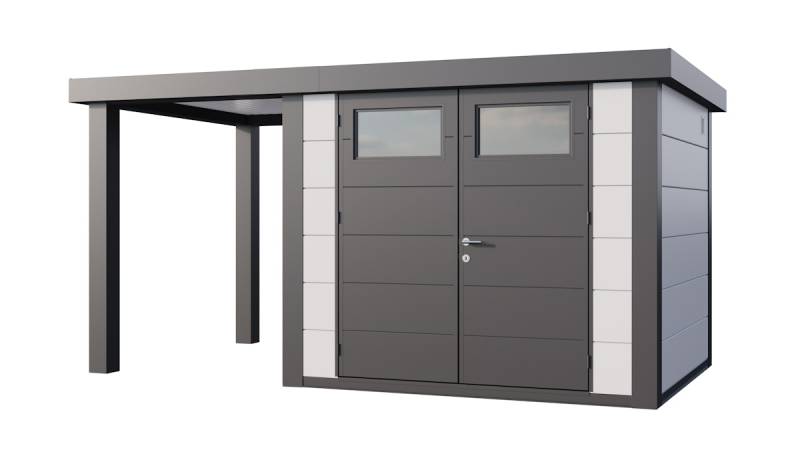Telluria Metallgerätehaus Classico 2724 mit 170 cm Seitendach weiß Seitendach 170 cm links von Telluria