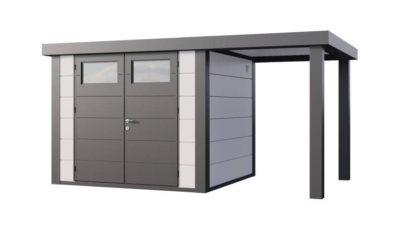 Telluria Metallgerätehaus Classico 2724 mit 170 cm Seitendach weiß Seitendach 170 cm rechts von Telluria