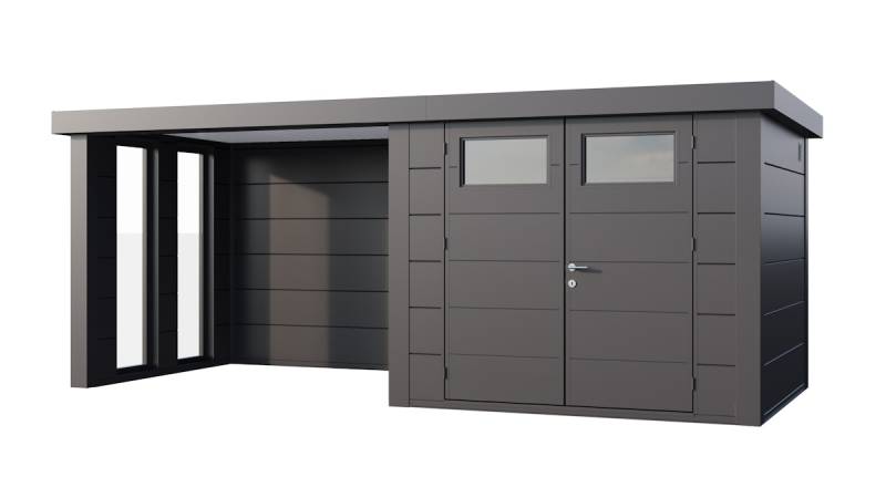 Telluria Metallgerätehaus Classico 2724 mit Lounge Anbau inkl. 2 Fenster granitgrau/anthrazit Lounge-Anbau links von Telluria