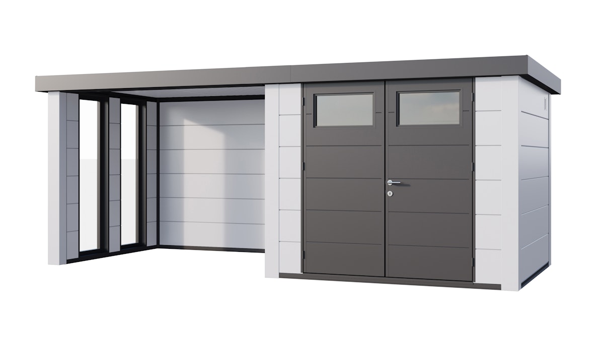 Telluria Metallgerätehaus Classico 2724 mit Lounge Anbau inkl. 2 Fenster weiß/weiß Lounge-Anbau links Telluria Metallgerätehaus Classico 2724 mit Lounge Anbau inkl. 2 Fenster weiß/weiß Lounge-Anbau links von Telluria