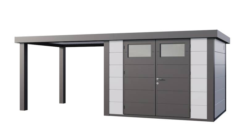 Telluria Metallgerätehaus Classico 3024 mit 280 cm Seitendach weiß Seitendach 280 cm links von Telluria
