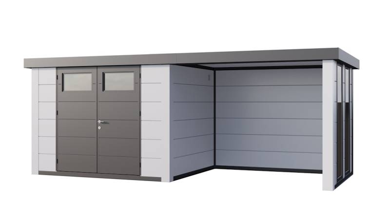 Telluria Metallgerätehaus Classico 3024 mit Lounge Anbau inkl. 2 Fenstern weiß/weiß Lounge-Anbau rechts von Telluria