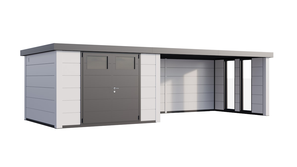 Telluria Metallgerätehaus Classico 3030 mit Lounge Anbau (ca. 450 cm Breite) inkl. 2 Fenstern weiß/weiß Lounge-Anbau rechts von Telluria