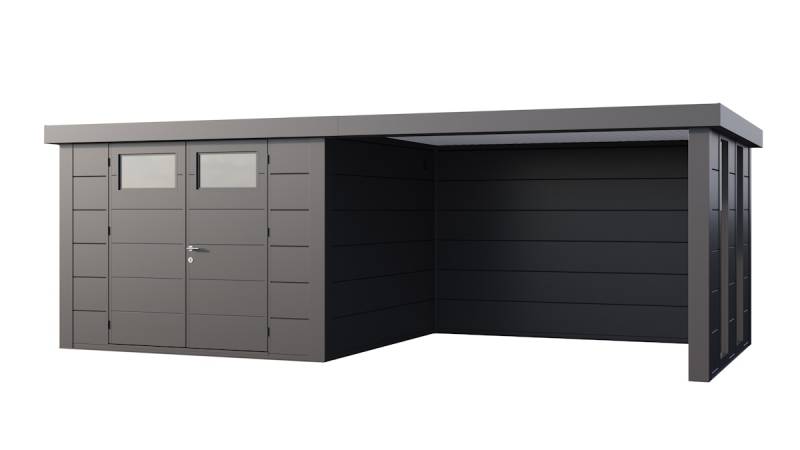 Telluria Metallgerätehaus Classico 3030 mit Lounge Anbau inkl. 2 Fenstern granitgrau/anthrazit Lounge-Anbau rechts von Telluria