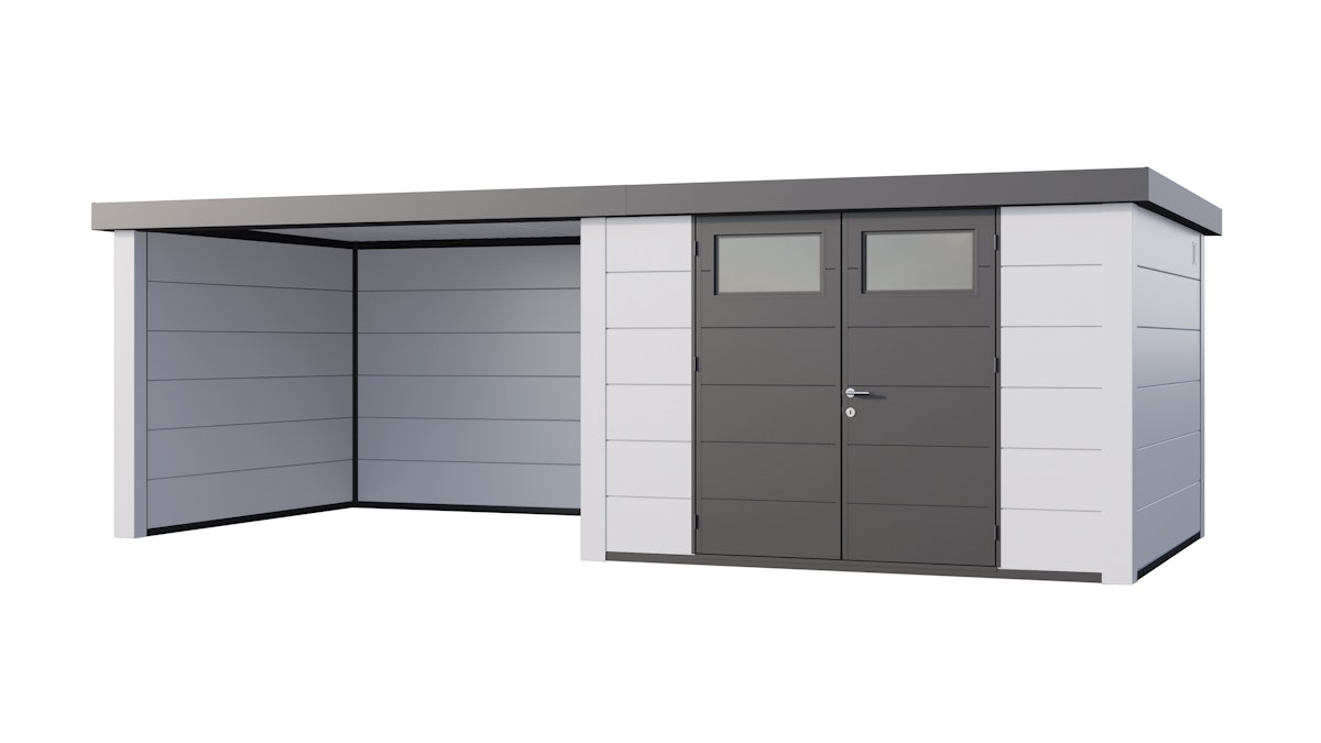Telluria Metallgerätehaus Classico 3030 mit Lounge Anbau weiß/weiß Lounge-Anbau links Telluria Metallgerätehaus Classico 3030 mit Lounge Anbau weiß/weiß Lounge-Anbau links von Telluria