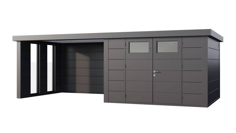 Telluria Metallgerätehaus Classico 3330 mit Lounge Anbau (ca. 344 cm Breite) granitgrau/anthrazit Lounge-Anbau links inkl. 2 Fenstern von Telluria