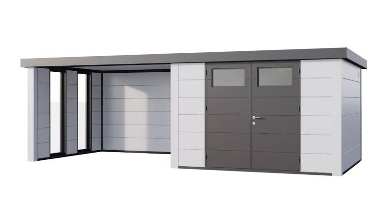 Telluria Metallgerätehaus Classico 3330 mit Lounge Anbau (ca. 344 cm Breite) weiß/weiß Lounge-Anbau links inkl. 2 Fenstern von Telluria