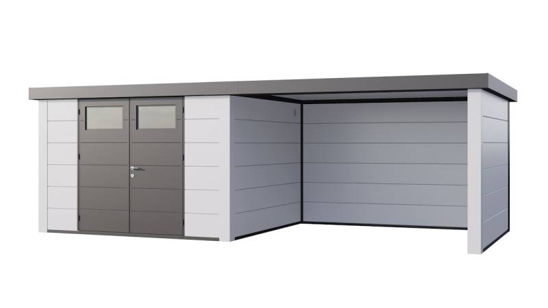 Telluria Metallgerätehaus Classico 3330 mit Lounge Anbau (ca. 344 cm Breite) weiß/weiß Lounge-Anbau rechts von Telluria