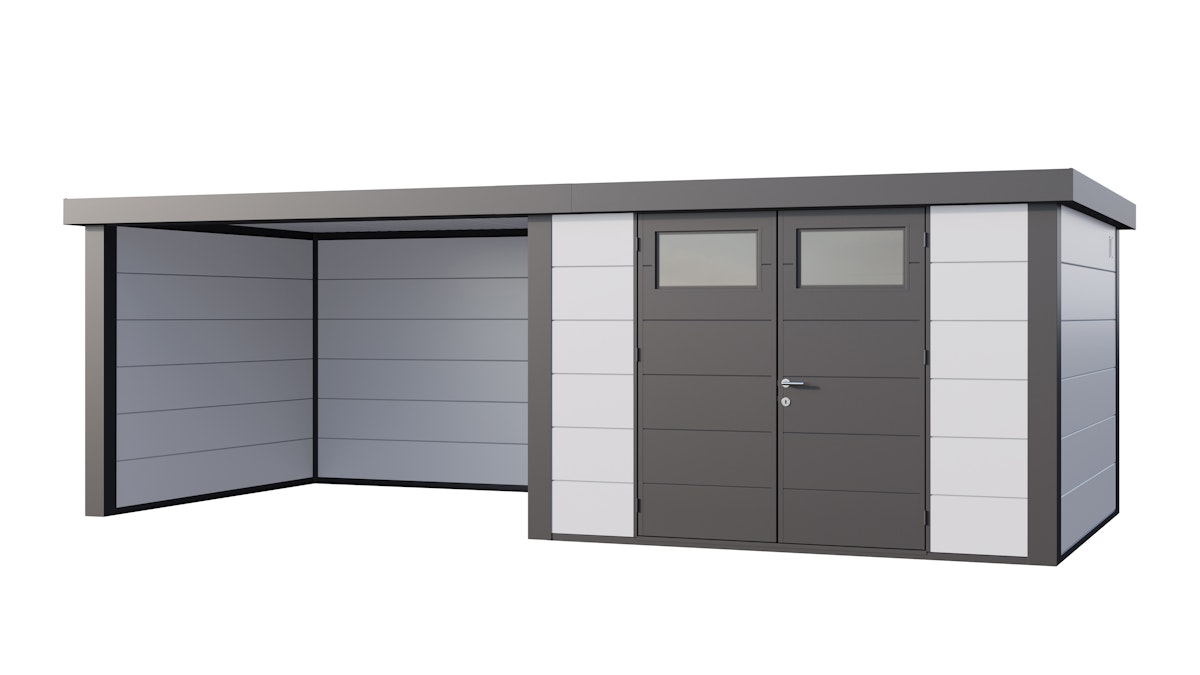 Telluria Metallgerätehaus Classico 3330 mit Lounge Anbau (ca. 344 cm Breite) weiß Lounge-Anbau links von Telluria