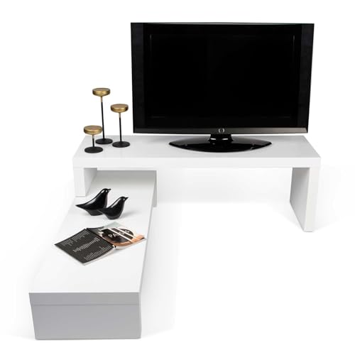 TEMAHOME Cliff 120 TV Tisch, minimalistisches Design, Echtholzfurnier, einfache Montage Holz weiss lackiert L125/ 235xB38xH20/40 cm von Symbiosis