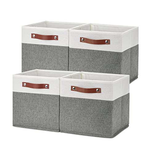 Temary Cube Storage Bins 4 Pack Storage Cubes 11×11 Fabric Storage Bins Foldable Storage Baskets with Handles, Collapsible Storage Basket for Shelf (White & Grey, 11 x 11 x 11) von Temary