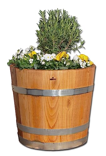 Blumentopf, Blumenkübel aus Kastanien-Holz - Fass, Holzfass als Pflanzkübel - Bottich, Holzkübel geölt und mit Halteschlaufen (D60 H40cm geölt + Schlaufen) von Temesso