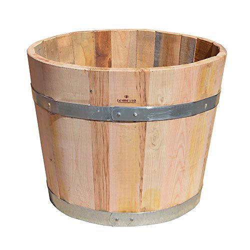 Temesso Blumentopf, Blumenkübel aus Kastanien-Holz - Fass, Holzfass als Pflanzkübel - Weinfass, Bottich, Holzkübel (D30 bis D60) mit Schlaufen (D50 H40 mit Schlaufen) von Temesso