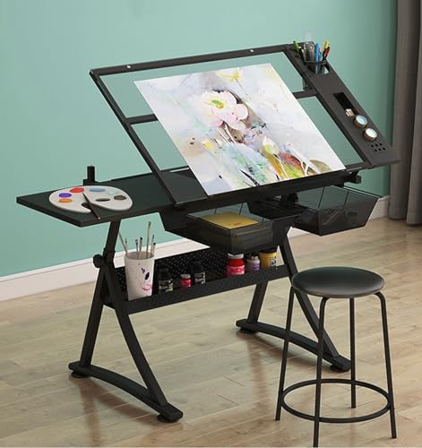 Art Drawing Desk mit Hocker Zeichenarbeitsplatz, Höhenverstellbar (29.1"-36.6") & Winkelverstellbar (0°-50°), Schubladen, Beistelltisch, Ablagefächer Glasplatte zum Nachzeichnen (Color : Schwarz, SI von TemkIN