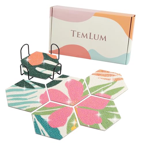 Temlum Diamond Painting Untersetzer mit Halter, 6er Set Diamond Painting für Erwachsene und Anfänger DIY Untersetzer Diamant Painting Set Basteln Erwachsene(Blumen-Muster) von Temlum