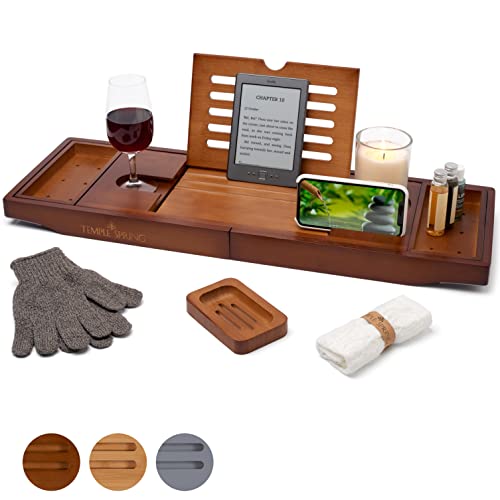 TEMPLE SPRING - Badewannenablage Bambus mit Kerzen-, Weinglas-, Buch-, Tablet-, iPad- und Telefonhalter. Badewannentablett ausziehbar, Badewannenablage Holz, Bathtub Tray 100% Bambus (Braun) von Temple Spring