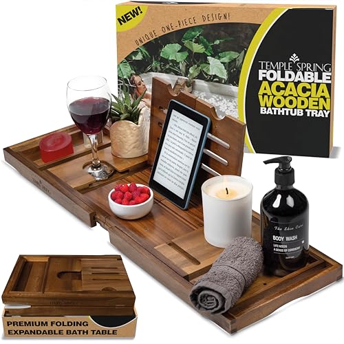 Temple Spring Klappbare Badewannenablage aus Akazienholz, Holz Badregal mit Ausziehfunktion, Spa Brett für Erwachsene, Badewannencaddy, Holz Badezimmer Zubehör Set – Nicht Teak von Temple Spring