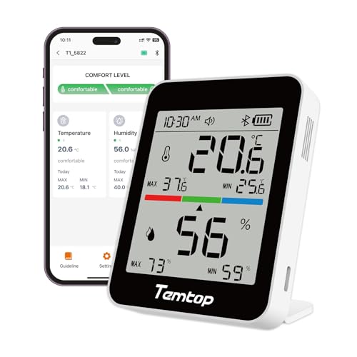 Temtop T1 Bluetooth Thermometer Indoor Hygrometer Für Zuhause & Gewächshaus, Temperatur- Und Feuchtigkeitsmesser Mit App-Verbindung,Lange Batterielaufzeit (180 Tage), Historische Datenexport von Temtop