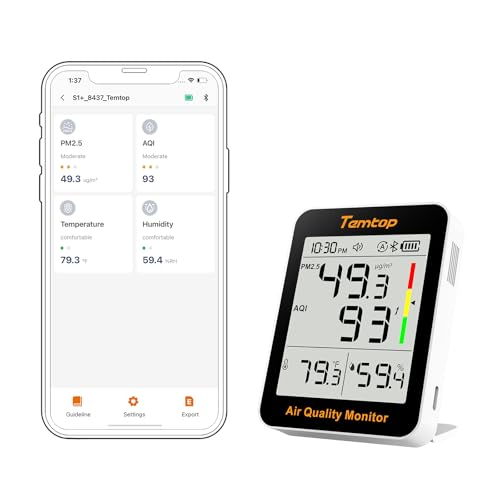 Temtop Temtop S1+ Luftqualitätsmessgerät PM2.5, AQI, Temperatur und Feuchtigkeit, Ultra-lange Batterielaufzeit von 100 Tagen, Thermohydrometer Mit APP-Verbindung, Ideal für Zuhause und Büro von Temtop