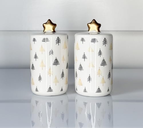 Salz- und Pfefferstreuer Set mit Weihnachtsbäumen aus Keramik mit goldenen Sternen, 8,9 x 4,4 cm, Weiß und Schwarz von TenWaterloo