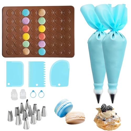 TenaLucy Macarons Backmatte,Spritzbeutel mit Tüllen,12 Spritztüllen Set,Macarons Backset 48 Mulden Macaron Backmatte Macarons Silikonmatte Torten Spritzbeutel Wiederverwendbar 39 x 29cm（22 Stück） von TenaLucy