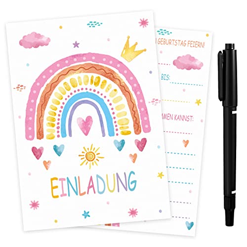 Tenare 20 Sets Einladungskarten Kindergeburtstag inklusive 20 Stück Bunt Regenbogen Geburtstagseinladungen 20 Stück Weiß Umschläge mit Marker Stift für Kinder Erwachsene Geburtstag Partyeinladung von Tenare