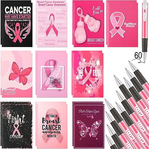 Tenceur 60 Pcs Breast Cancer Notebook Pen Set - Small Pocket Journal Notepads, Pink Ribbon Ballpoint Pen for Women Gift Breast Cancer Awareness Accessories Party Supplies von Tenceur