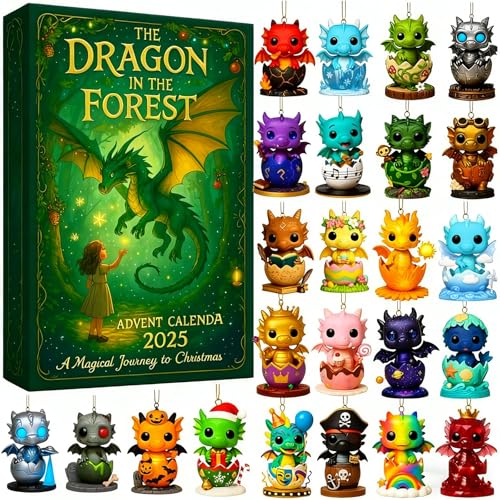 24 Days * The Dragon in the Forest Advent Calendar 2025, dragon advent calendar with 24 Unique Dragon Baby Christmas Tree Flat Decorations for myth and dragon Lovers (1 set) von Tencipeda