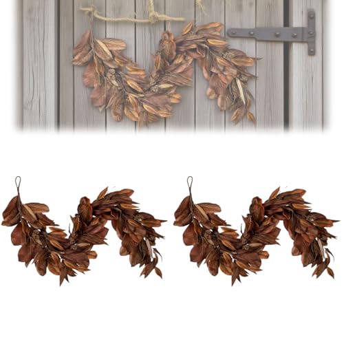 Brown Magnolia Leaf Garland, 6ft Magnolia Leaf Garland Fall Rustic Fall Leaf for Mantle Table Porch Indoor (2 Sets,Brown) von Tencipeda