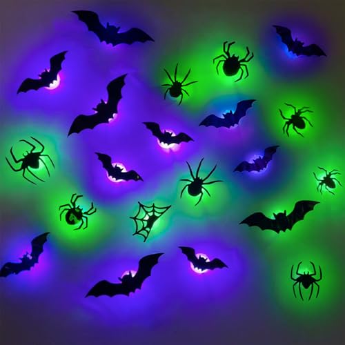 Led Bats Halloween Decor, Halloween 3D Lighted Bats & Spiders Decor Purple/Green for Outdoor Indoor Scary Decorations (24 bat Lights + 18 Spider Lights) von Tencipeda