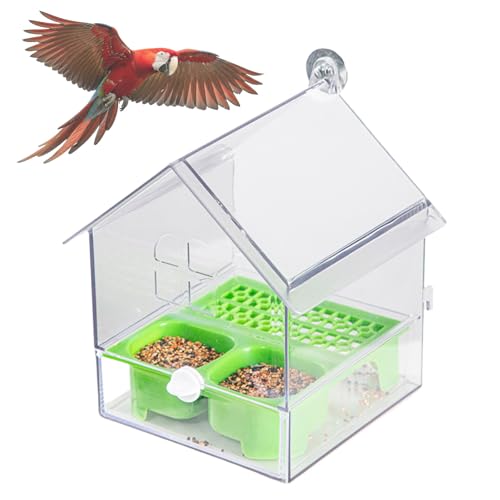 Pull-Out External Parrot Feeder, Dual Food Trough Transparent Hanging Wild Bird Seed Feeder for Balcony, Garden and Backyard, Easy to Fill Dish & Clean (Green) von Tencipeda