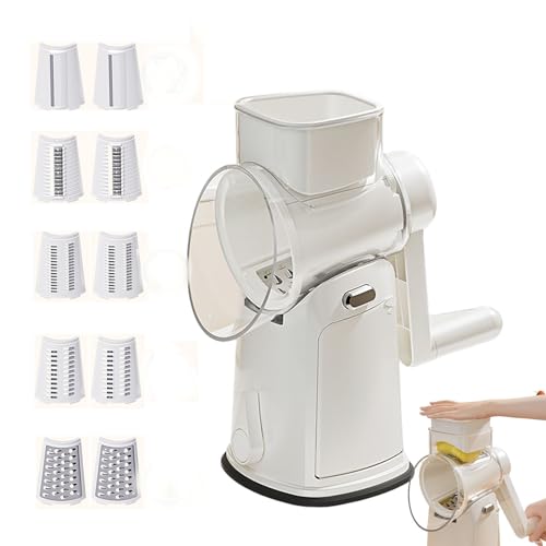 Rotary Cheese Grater, 5 in 1 with Handle Vegetable Shredder, Suitable for kitchen(with Blade Storage Box) (White) von Tencipeda